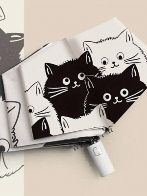 Automatic Black and White Umbrella with Cartoon Kitten Print
