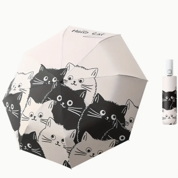 Automatic Black and White Umbrella with Cartoon Kitten Print