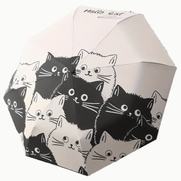 Automatic Black and White Umbrella with Cartoon Kitten Print