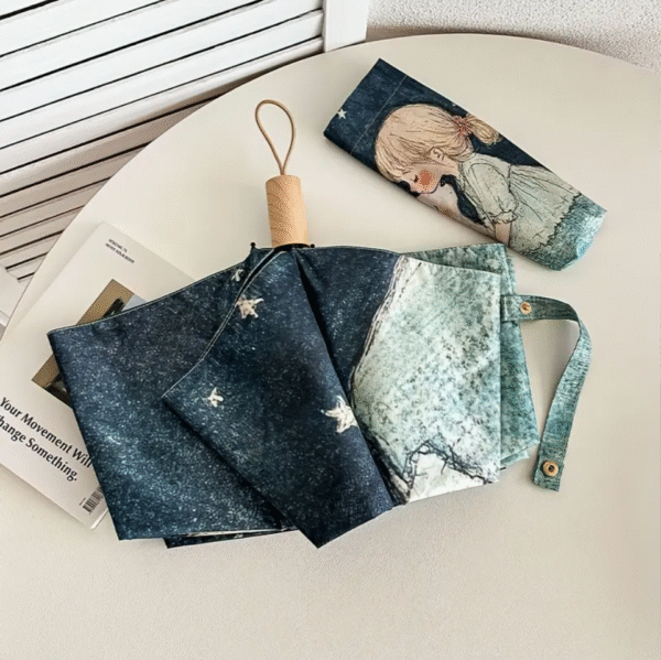 Automatic Compact Umbrella with Cute Poodle and Starry Night Design